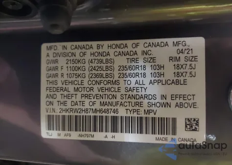 2021 Honda Cr-V Awd Ex-L z USA, uszkodzony, nr VIN 2HKRW2H87MH648746